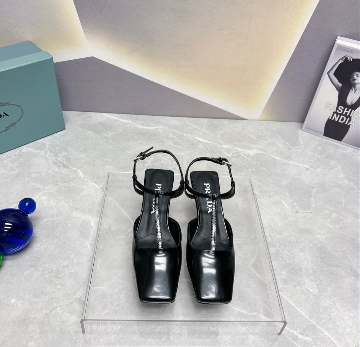 Prada Patent Square-Toe T-Strap Pumps