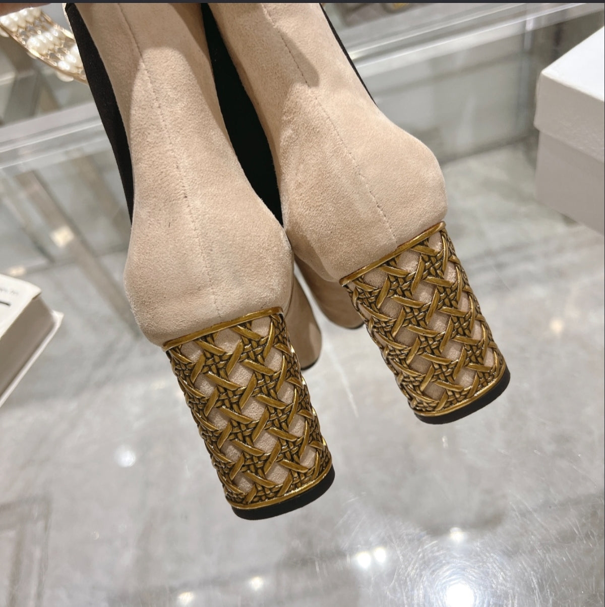 Dior Heeled Chelsea Ankle Boots – Beige Suede / Gold