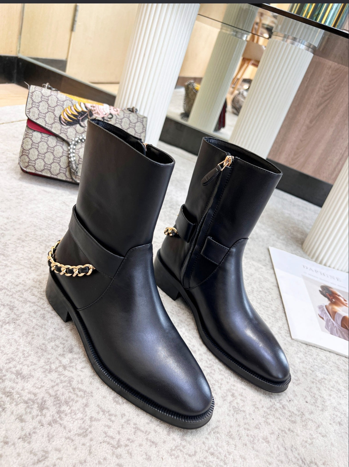 CHANEL CC CHAIN MID-CALF BOOTS – BLACK / GOLD