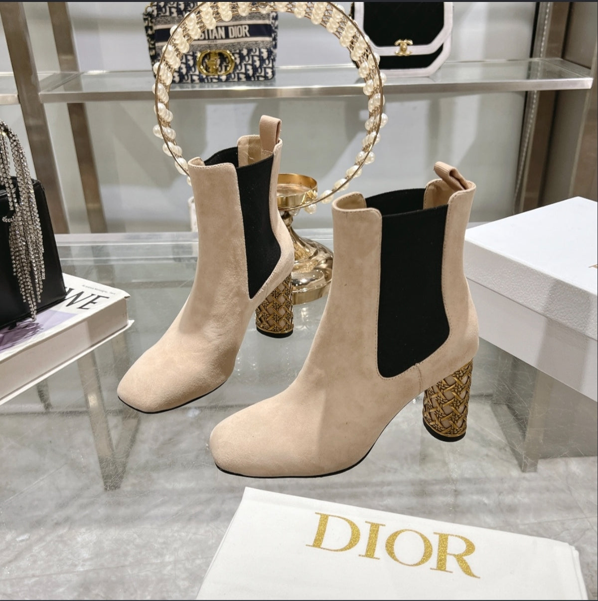 Dior Heeled Chelsea Ankle Boots – Beige Suede / Gold