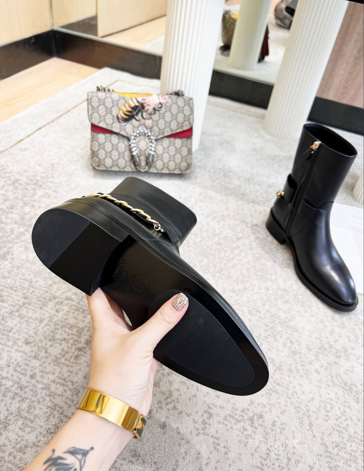 CHANEL CC CHAIN MID-CALF BOOTS – BLACK / GOLD
