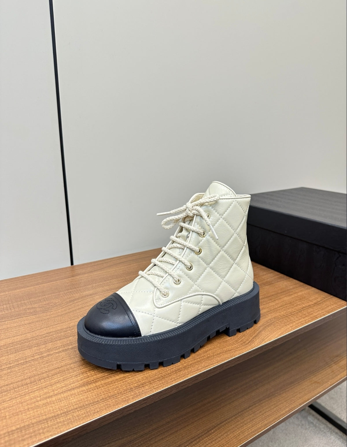 CHANEL QUILTED LACE-UP COMBAT BOOTS – IVORY / BLACK